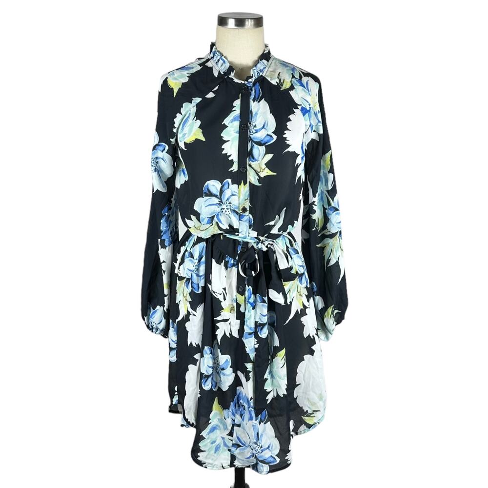 YUMI KIM Black Blue Floral Long Sleeve Mini Dress Button Front Belted Small NWOT